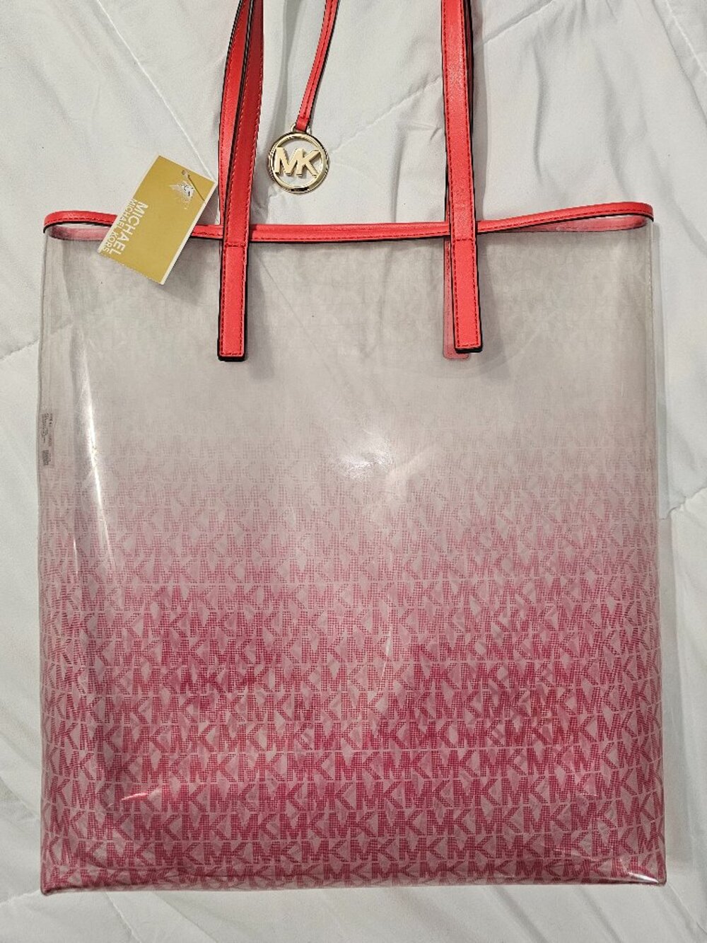 Michael Kors Clear PVC Ombre MK Logo Tote Bag Pink Coral NWT